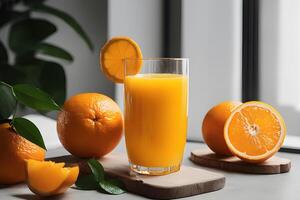 AI generated Fresh orange juice in glass cup next to a sliced orange, AI Generative photo