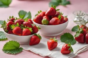 AI generated Sunlit bowl of fresh strawberries on outside table by AI Generative photo