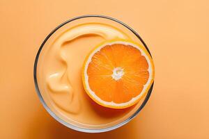 AI generated Orange milk with splashes, Vitamin rich juices and yogurts for health by AI Generative photo