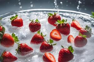 ai generado fresas flotante en espumoso agua por ai generativo foto