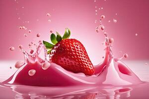 AI generated a strawberry is falling into a strawberry milk liquid, strawberry milk bath photography by AI Generative photo