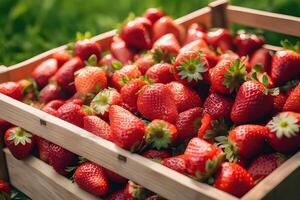 AI generated Pile of Fresh Strawberries in a Wooden Crate by AI Generative photo