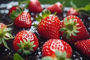 AI generated Close-up Strawberry after rain in garden by AI Generative photo