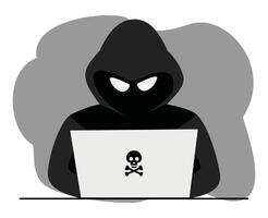 hacker in black hoodie cyber criminal with laptop stealing user personal data or hacker attack and web security internet phising concept vector