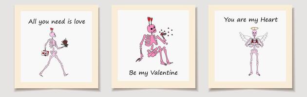 Set of Valentine's day cards with Skeleton with decor for Valentine's day. Love, Valentine's Day vector