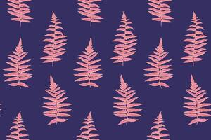 sin costura vibrante rosado hojas ramas helecho modelo en un oscuro azul antecedentes. vector mano dibujado bosquejo. sencillo estilizado botánico hoja impresión. modelo para diseño, tela, interior decoración, textil