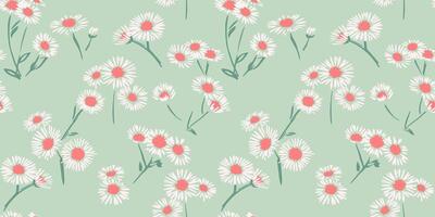 Seamless pattern with simple abstract artistic flowers chamomiles. Cute tiny ditsy branches floral mint print. Vector hand drawn sketch. Design ornament for fabric, textile, fabric, children