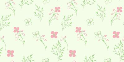 Gentle, minimalist, simple seamless pattern with tiny flowers stems and leaves. Vector hand drawn sketch. Shapes floral branches printing on a green background. Template for textile, fashion,