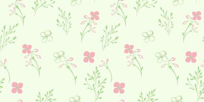 Gentle, minimalist, simple seamless pattern with tiny flowers stems and leaves. Vector hand drawn sketch. Shapes floral branches printing on a green background. Template for textile, fashion,