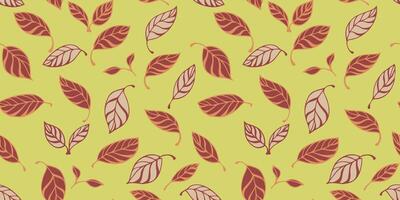 Seamless creative stylized small leaves pattern. Cute leaves randomly scattered on a green background. Vector hand drawn sketch. Template for design, cover, fabric,