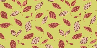 Seamless creative stylized small leaves pattern. Cute leaves randomly scattered on a green background. Vector hand drawn sketch. Template for design, cover, fabric,