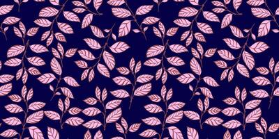 Creative, abstract, bright leaves branches intertwined in a seamless pattern. Vector drawn illustration shape leaf stems. Stylized tropical floral on a dark blue background. Template for design