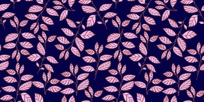 Creative, abstract, bright leaves branches intertwined in a seamless pattern. Vector drawn illustration shape leaf stems. Stylized tropical floral on a dark blue background. Template for design