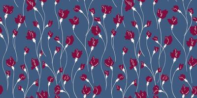 Seamless simple creative branches ditsy flowers intertwined in a pattern. Abstract cute floral printing on a blue background. Vector hand drawn sketch. Design for fashion, textile, fabric, wallpaper