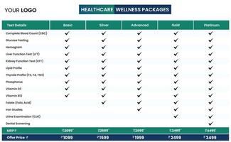 Pricing table, chart, design with subscription plans template for website, presentation, applications element. Healthcare business comparison plan chart. Modern looking flat style infographic design. vector