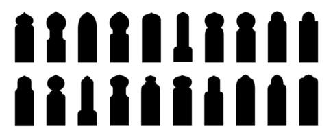 Islamic door shapes. Silhouette arches with ornaments. Window frames for design for the month of Ramadan. Collection of isolated vector elements on white background.