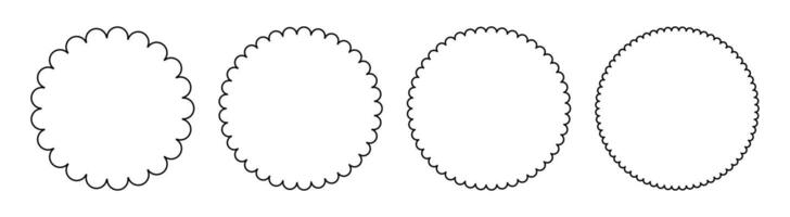 Scallop frames are round. Outline of circle different sized lace edges of element borders. Design vector collection isolated on white background.