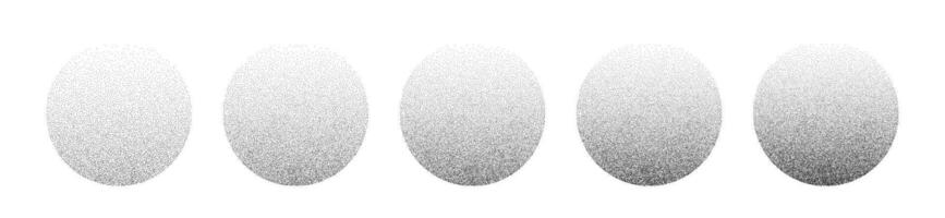 Gradient noise circles made of grains. Halftone round pattern elements of dots with a smooth gradation in tone from dark to light. Vector isolated illustration on white background.