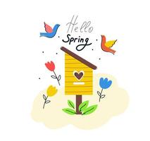 Spring birdhouse. Hello Spring  mood greeting card. vector