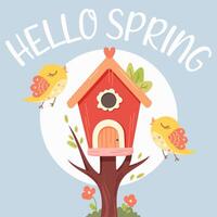 Hola primavera saludo tarjeta con pajarera y canto aves en azul antecedentes. vector ilustración en plano dibujos animados estilo