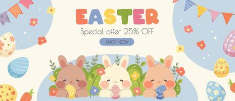publicidad bandera para Pascua de Resurrección descuentos y ventas. especial oferta de 25 vector ilustración con kawaii conejos, huevos y flores en plano dibujos animados estilo