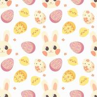 Print, seamless pattern with cute white rabbits, chickens and eggs on white background. Vector illustration for Easter, children