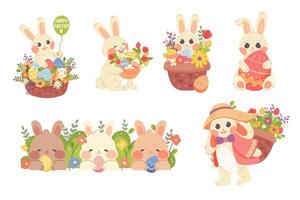 conjunto de blanco Pascua de Resurrección conejitos con flor cestas y huevos. vector ilustración de linda caracteres para niños a Pascua de Resurrección