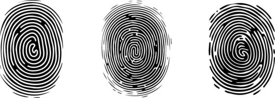 Set of Fingerprint patterns, clear lines and swirls. Human thumbprint. Icon, pictogram, logo. Black and white illustration. Vector isolated on a white background. Security concept.