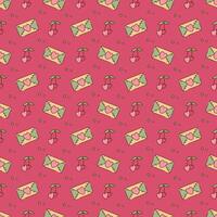 Seamless pattern with cute y2k envelope and cherry. Cartoon doodle vector illustration.