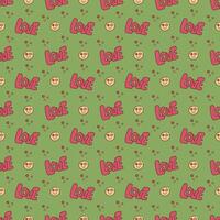 Seamless pattern with cute y2k smile face and text. Cartoon doodle vector illustration.