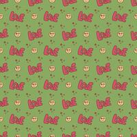 Seamless pattern with cute y2k smile face and text. Cartoon doodle vector illustration.