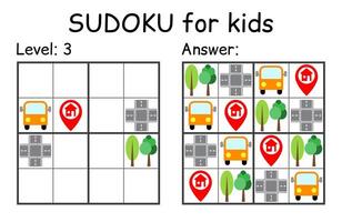 Sudoku. Kids and adult mathematical mosaic. Kids game. Road theme. Magic square. Logic puzzle game. Digital rebus vector