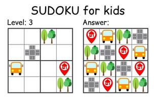 Sudoku. Kids and adult mathematical mosaic. Kids game. Road theme. Magic square. Logic puzzle game. Digital rebus vector