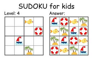 Sudoku. Kids and adult mathematical mosaic. Kids game. Marine theme. Magic square. Logic puzzle game. Digital rebus vector