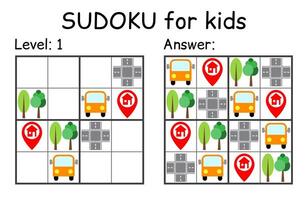 Sudoku. Kids and adult mathematical mosaic. Kids game. Road theme. Magic square. Logic puzzle game. Digital rebus vector