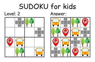 Sudoku. Kids and adult mathematical mosaic. Kids game. Road theme. Magic square. Logic puzzle game. Digital rebus vector