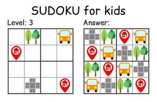 Sudoku. Kids and adult mathematical mosaic. Kids game. Road theme. Magic square. Logic puzzle game. Digital rebus vector