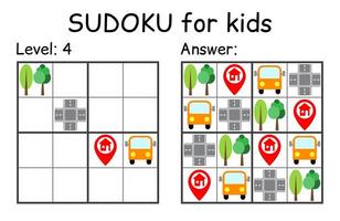 Sudoku. Kids and adult mathematical mosaic. Kids game. Road theme. Magic square. Logic puzzle game. Digital rebus vector