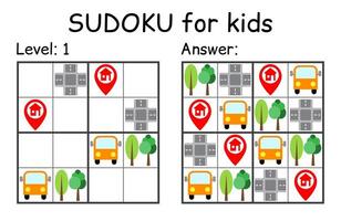 Sudoku. Kids and adult mathematical mosaic. Kids game. Road theme. Magic square. Logic puzzle game. Digital rebus vector