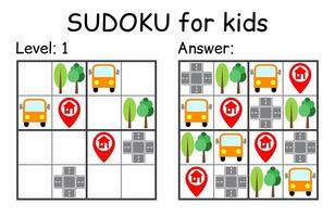 Sudoku. Kids and adult mathematical mosaic. Kids game. Road theme. Magic square. Logic puzzle game. Digital rebus vector