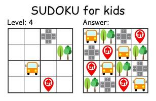 Sudoku. Kids and adult mathematical mosaic. Kids game. Road theme. Magic square. Logic puzzle game. Digital rebus vector