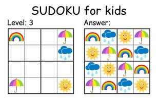 Sudoku. Kids and adult mathematical mosaic. Kids game. Weather theme. Magic square. Logic puzzle game. Digital rebus vector