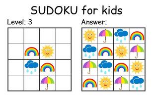 Sudoku. Kids and adult mathematical mosaic. Kids game. Weather theme. Magic square. Logic puzzle game. Digital rebus vector