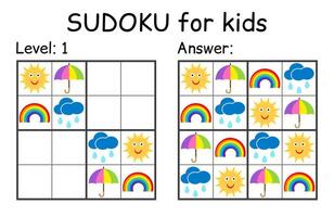 Sudoku. Kids and adult mathematical mosaic. Kids game. Weather theme. Magic square. Logic puzzle game. Digital rebus vector