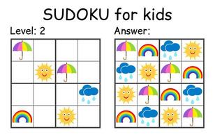 Sudoku. Kids and adult mathematical mosaic. Kids game. Weather theme. Magic square. Logic puzzle game. Digital rebus vector