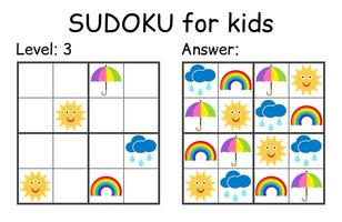 Sudoku. Kids and adult mathematical mosaic. Kids game. Weather theme. Magic square. Logic puzzle game. Digital rebus vector