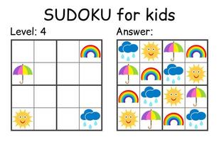 Sudoku. Kids and adult mathematical mosaic. Kids game. Weather theme. Magic square. Logic puzzle game. Digital rebus vector