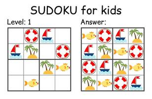 Sudoku. Kids and adult mathematical mosaic. Kids game. Marine theme. Magic square. Logic puzzle game. Digital rebus vector