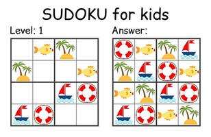 Sudoku. Kids and adult mathematical mosaic. Kids game. Marine theme. Magic square. Logic puzzle game. Digital rebus vector