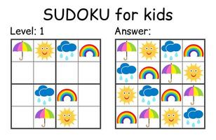 Sudoku. Kids and adult mathematical mosaic. Kids game. Weather theme. Magic square. Logic puzzle game. Digital rebus vector